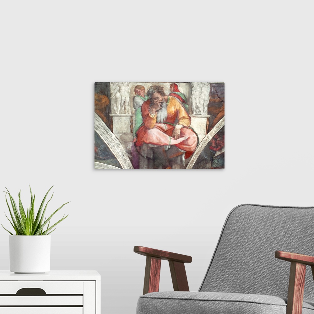 A modern room featuring BAL52782 Sistine Chapel Ceiling: The Prophet Jeremiah (pre resoration)  by Buonarroti, Michelange...