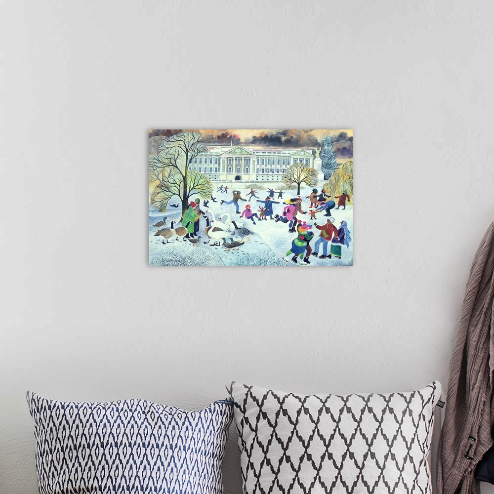 A bohemian room featuring Contemporary painting of a winter scene with ice skaters in front of Buckingham Palace.