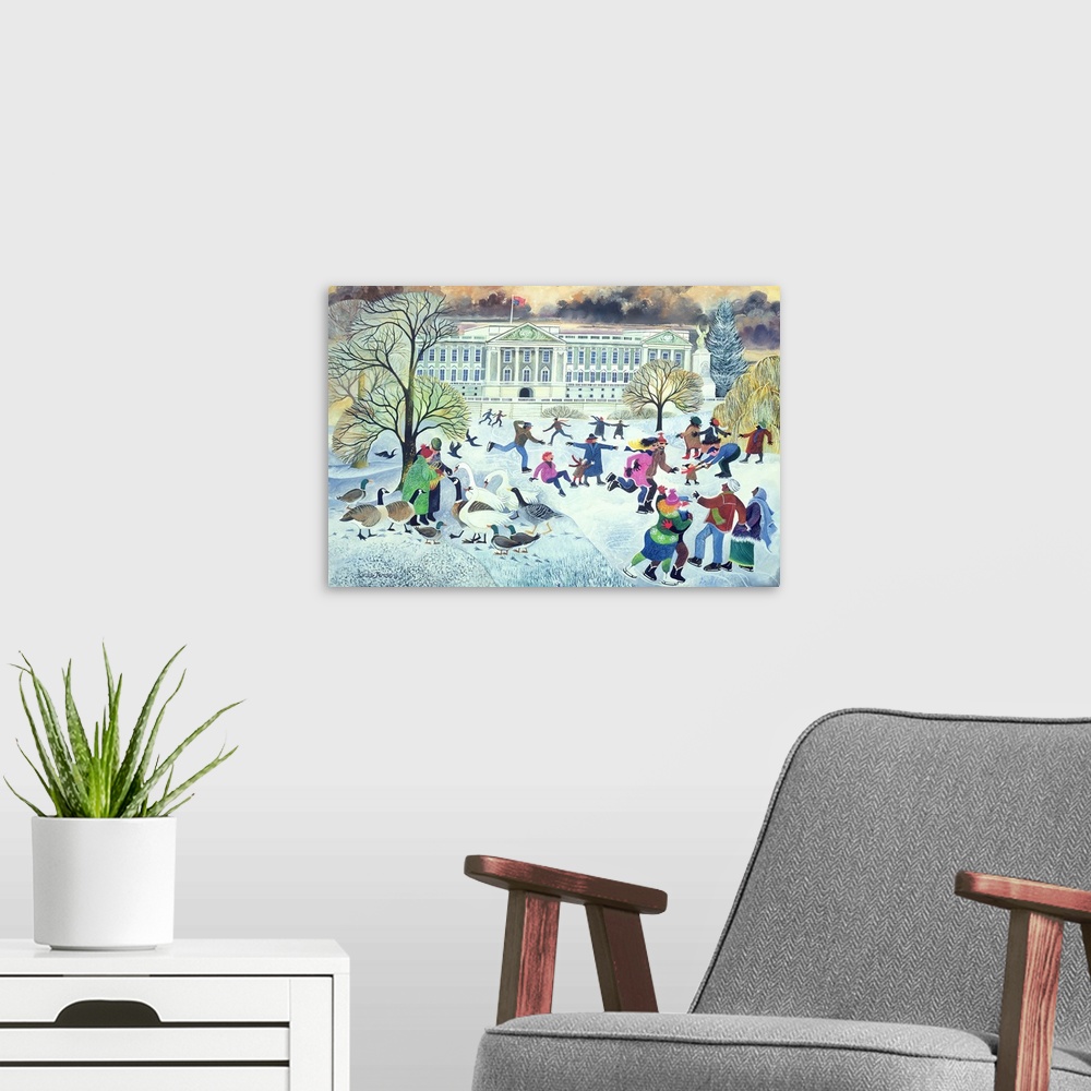 A modern room featuring Contemporary painting of a winter scene with ice skaters in front of Buckingham Palace.