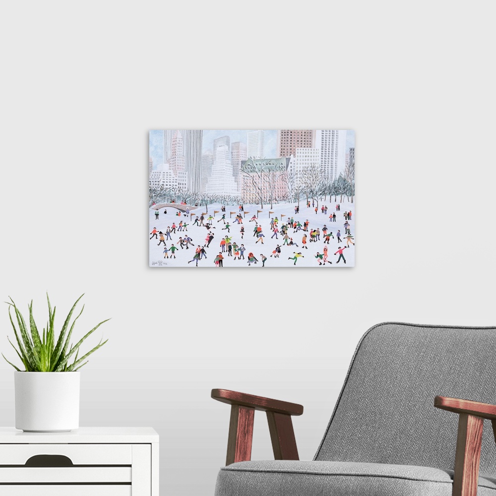 A modern room featuring Contemporary painting of several people ice skating in the winter in New York City.