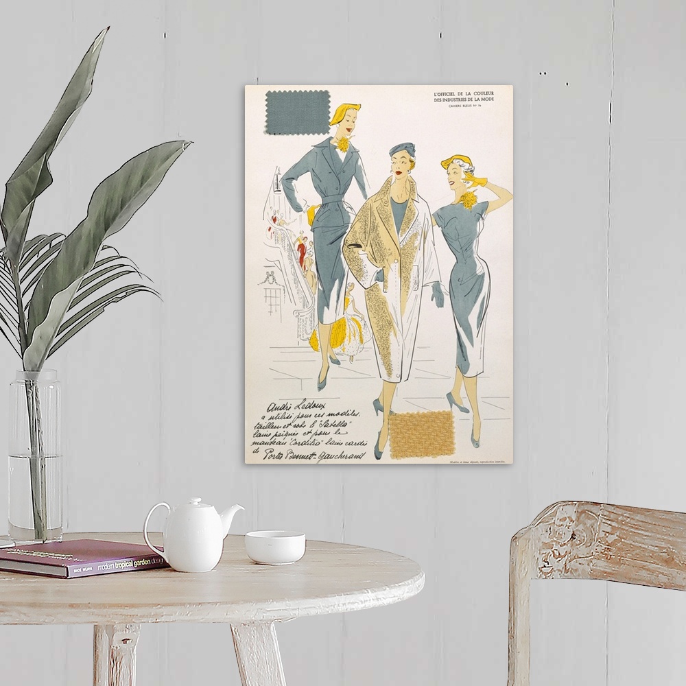 A farmhouse room featuring Sketches and fabric swatches, from L'oficiel de la couleur des industries de la mode