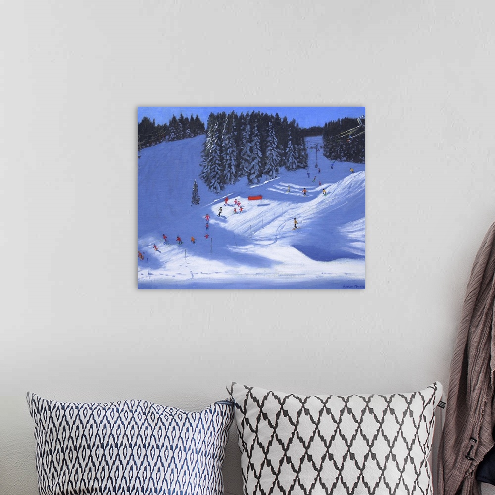 A bohemian room featuring Contemporary painting of a winter scene with people skiing down a hill.