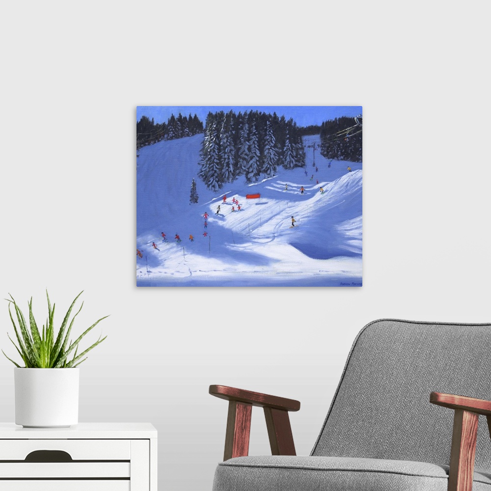 A modern room featuring Contemporary painting of a winter scene with people skiing down a hill.