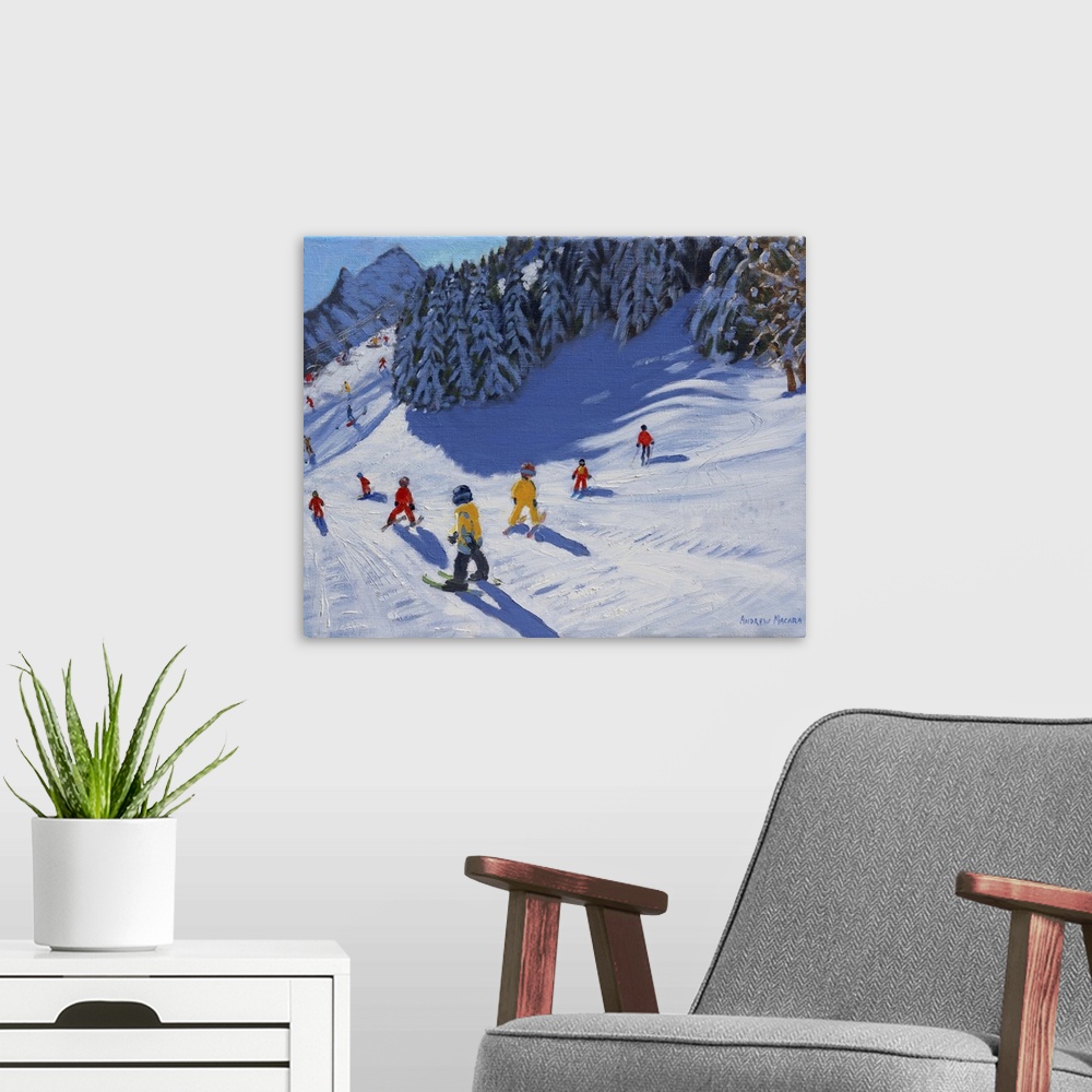A modern room featuring Ski School, Morzine, 2015, oil on canvas.  By Andrew Macara.