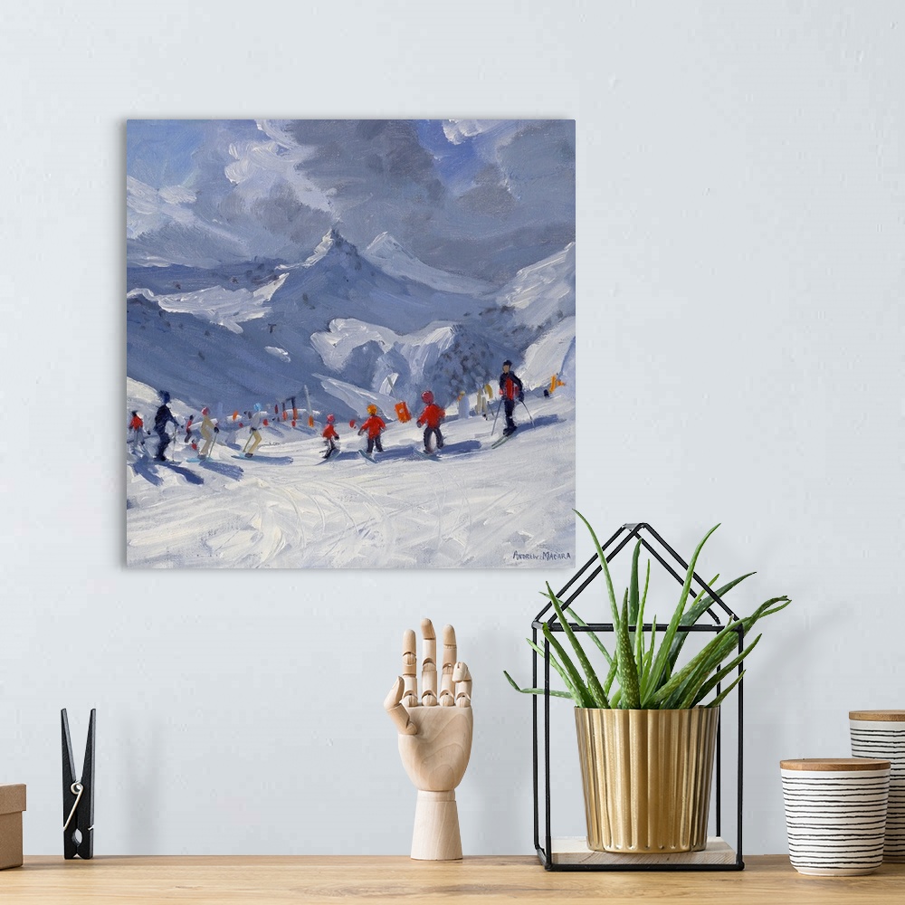 A bohemian room featuring Big, horizontal painting of many skiers on a snowy slope, a range of snow covered mountains in th...