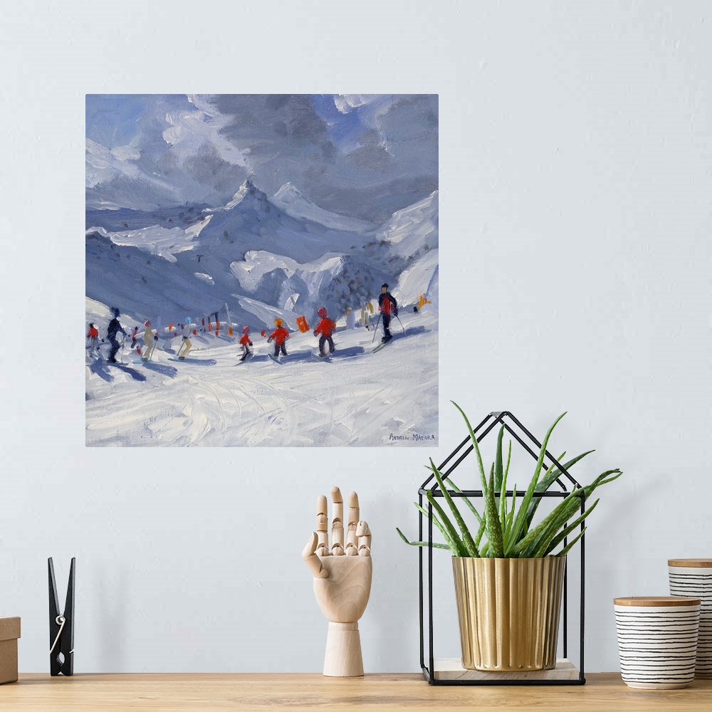 A bohemian room featuring Big, horizontal painting of many skiers on a snowy slope, a range of snow covered mountains in th...