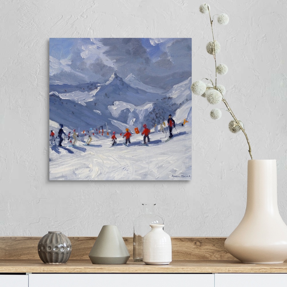 A farmhouse room featuring Big, horizontal painting of many skiers on a snowy slope, a range of snow covered mountains in th...