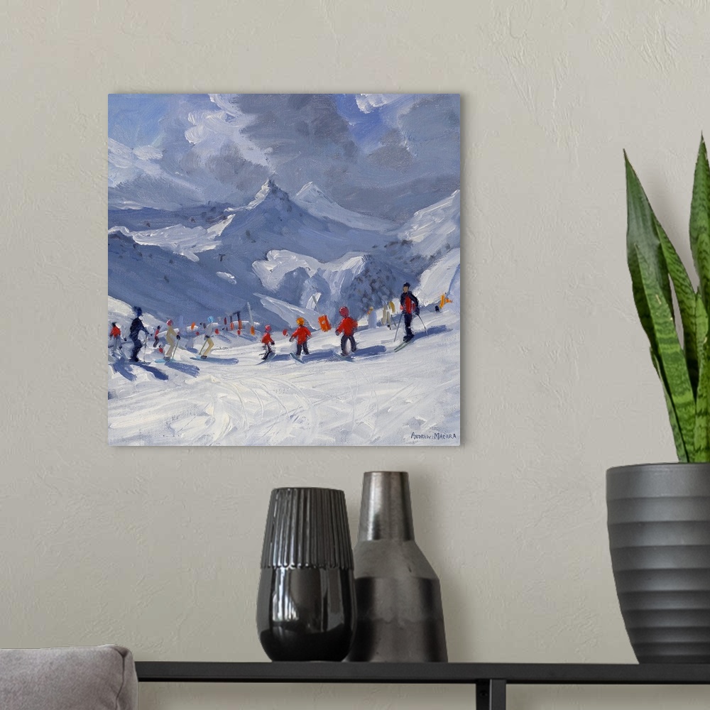 A modern room featuring Big, horizontal painting of many skiers on a snowy slope, a range of snow covered mountains in th...