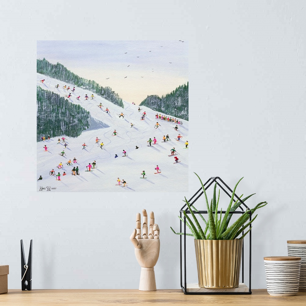 A bohemian room featuring Contemporary painting of several people skiing on a hill in the late afternoon.