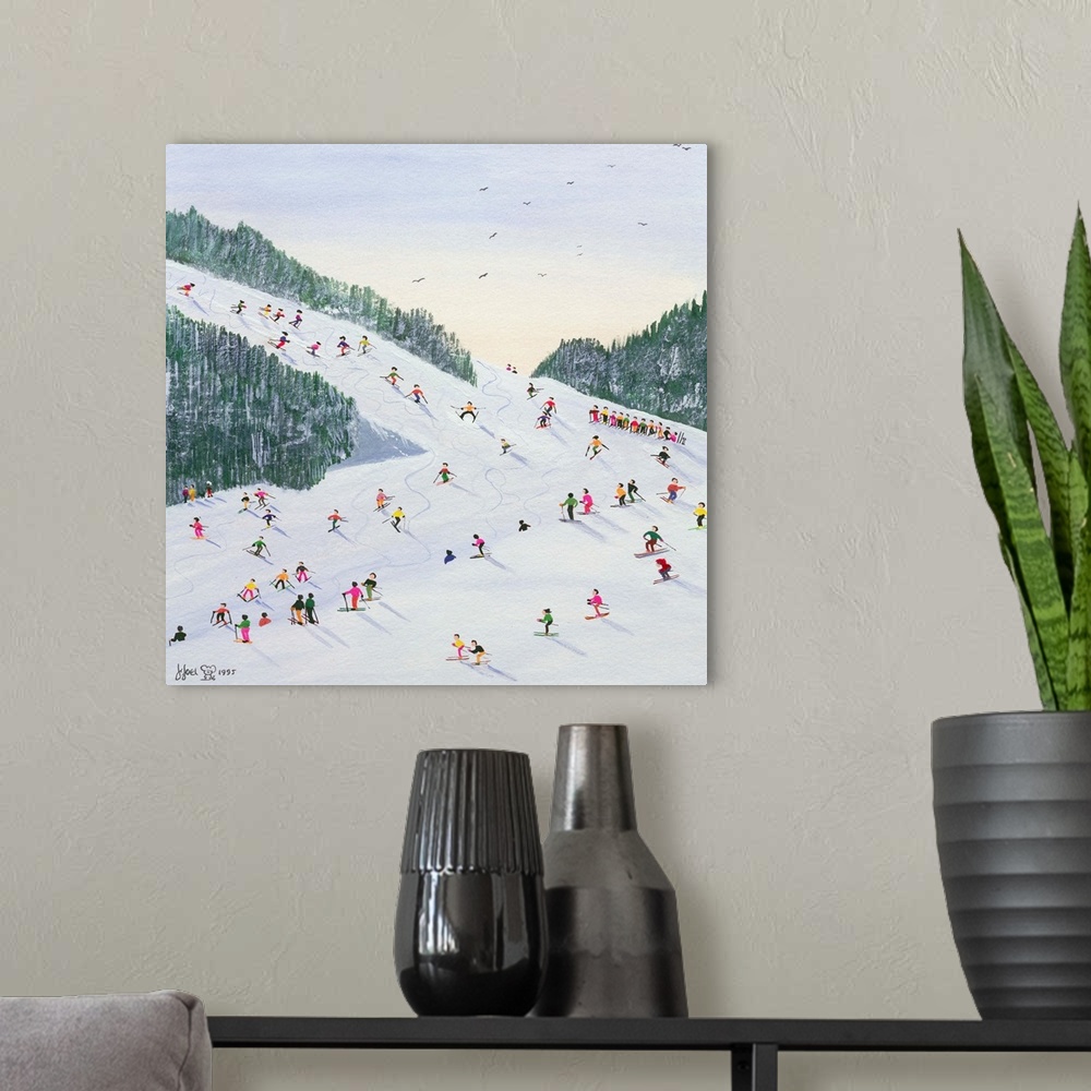 A modern room featuring Contemporary painting of several people skiing on a hill in the late afternoon.