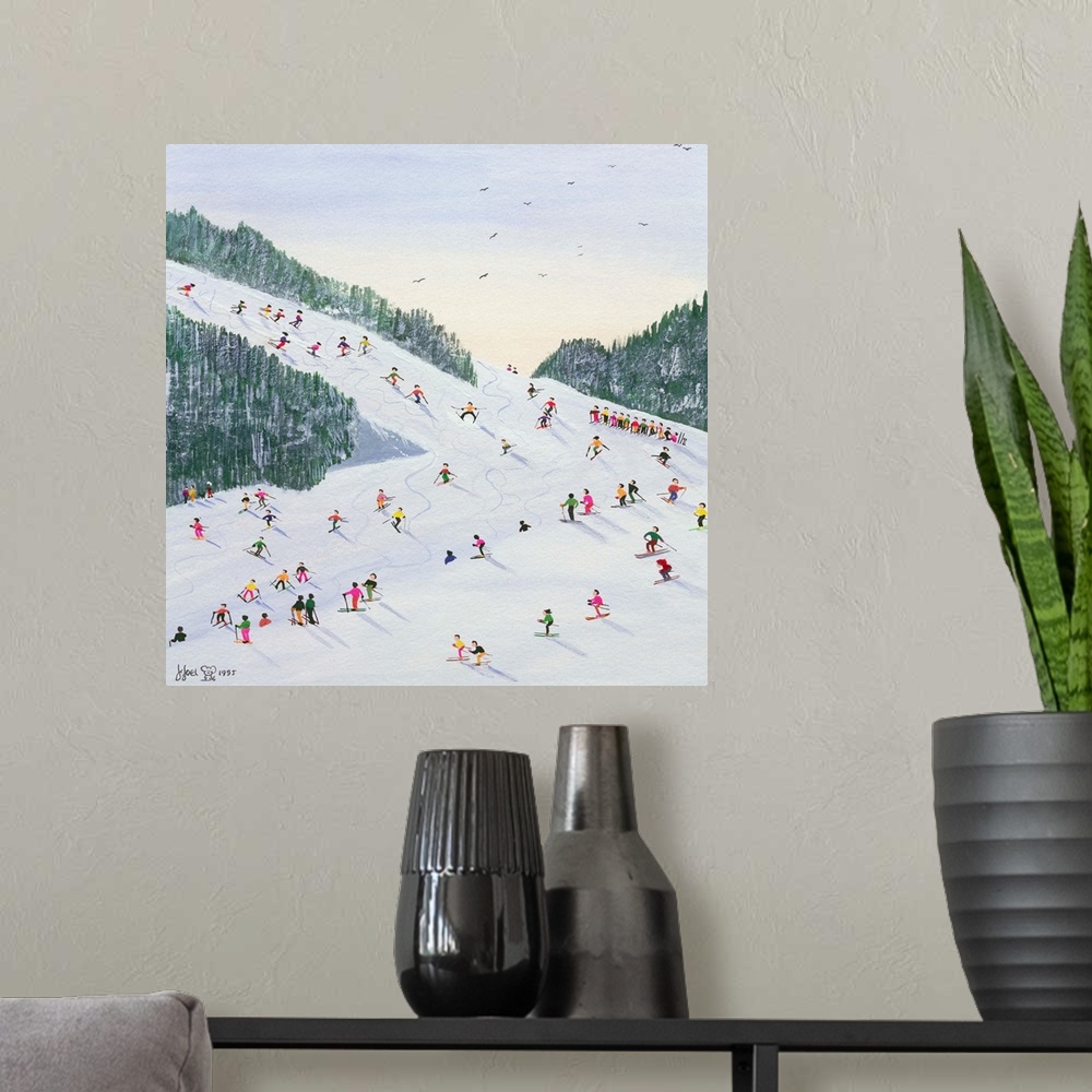 A modern room featuring Contemporary painting of several people skiing on a hill in the late afternoon.