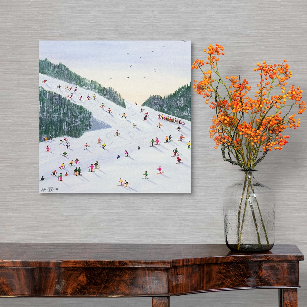 A traditional room featuring Contemporary painting of several people skiing on a hill in the late afternoon.