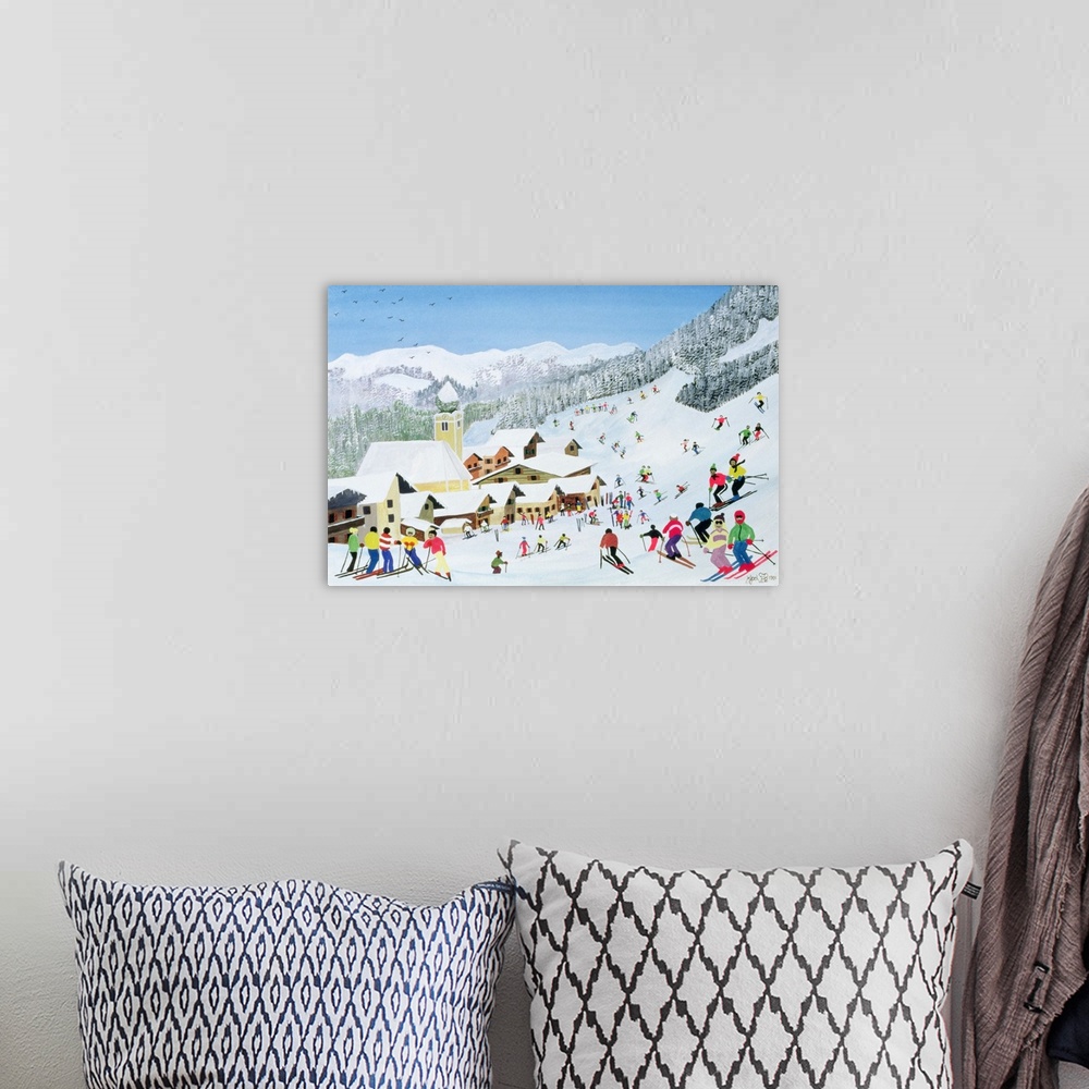 A bohemian room featuring Contemporary painting of people skiing at a mountain resort.