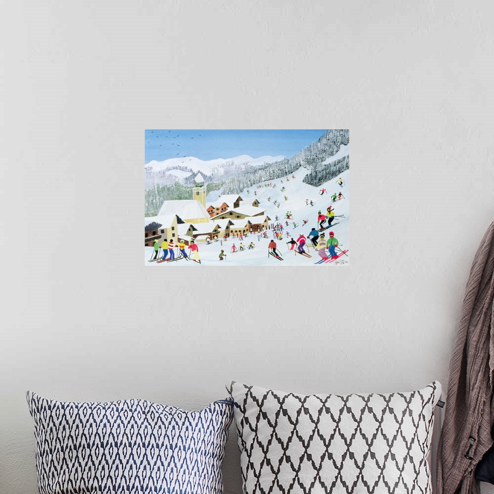 A bohemian room featuring Contemporary painting of people skiing at a mountain resort.
