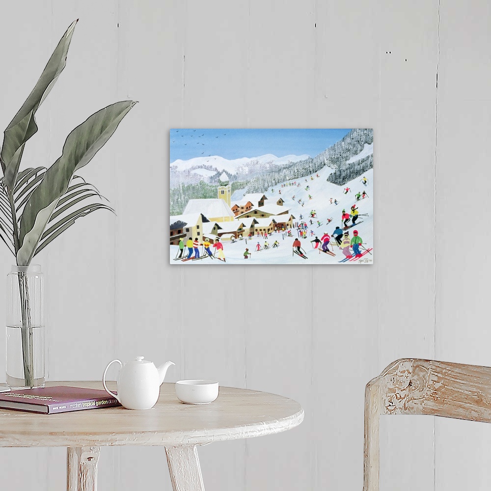 A farmhouse room featuring Contemporary painting of people skiing at a mountain resort.