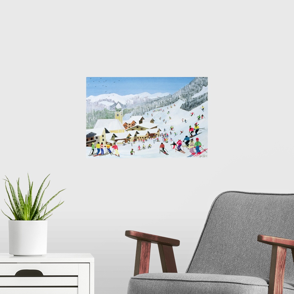 A modern room featuring Contemporary painting of people skiing at a mountain resort.