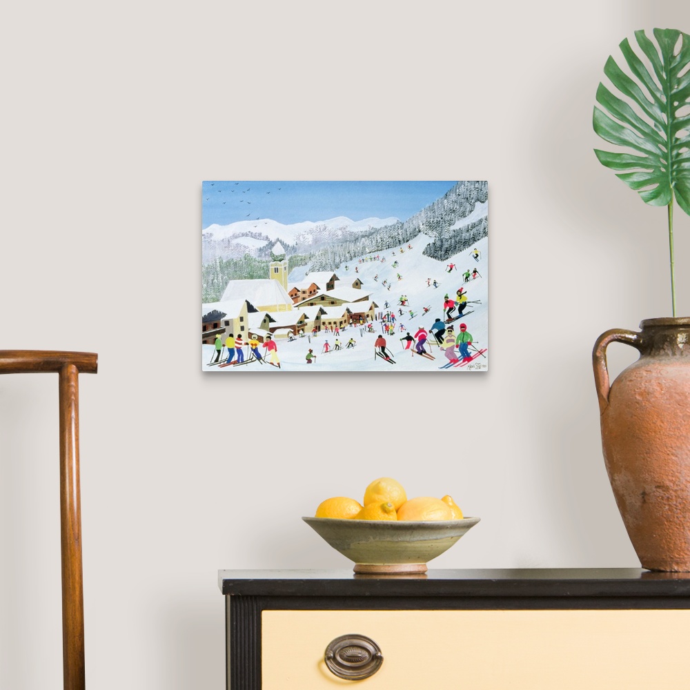 A traditional room featuring Contemporary painting of people skiing at a mountain resort.