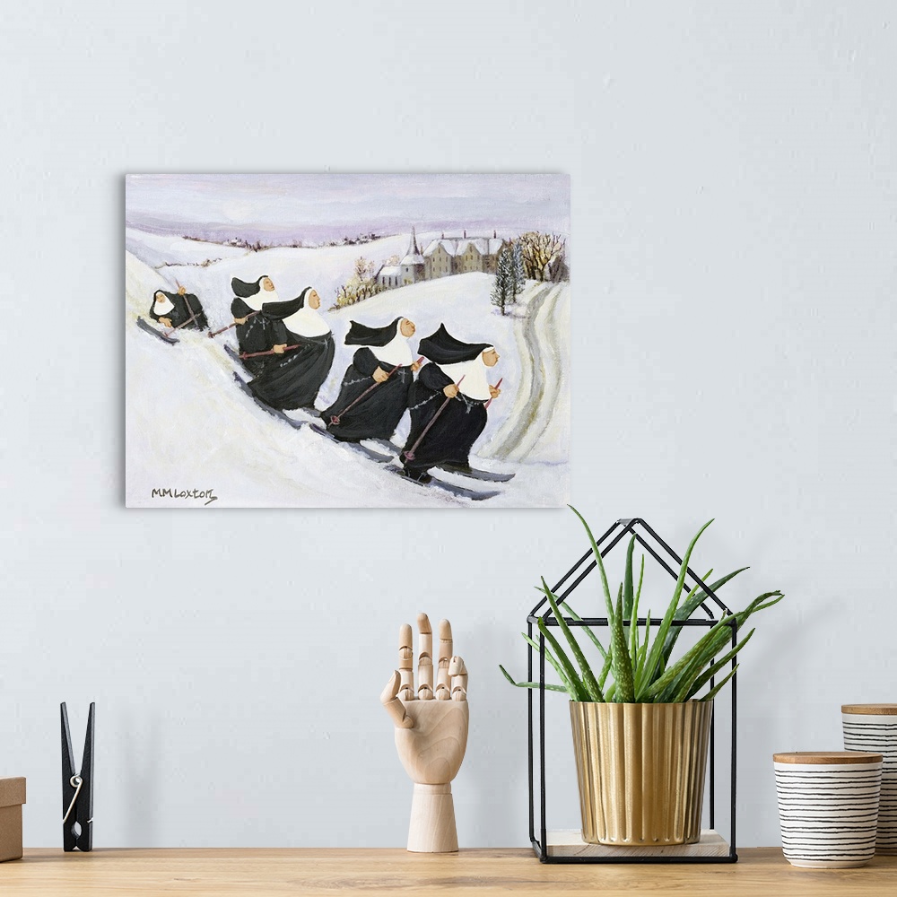A bohemian room featuring Whimsical painting of five nuns on skis.