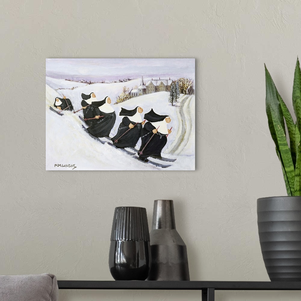 A modern room featuring Whimsical painting of five nuns on skis.