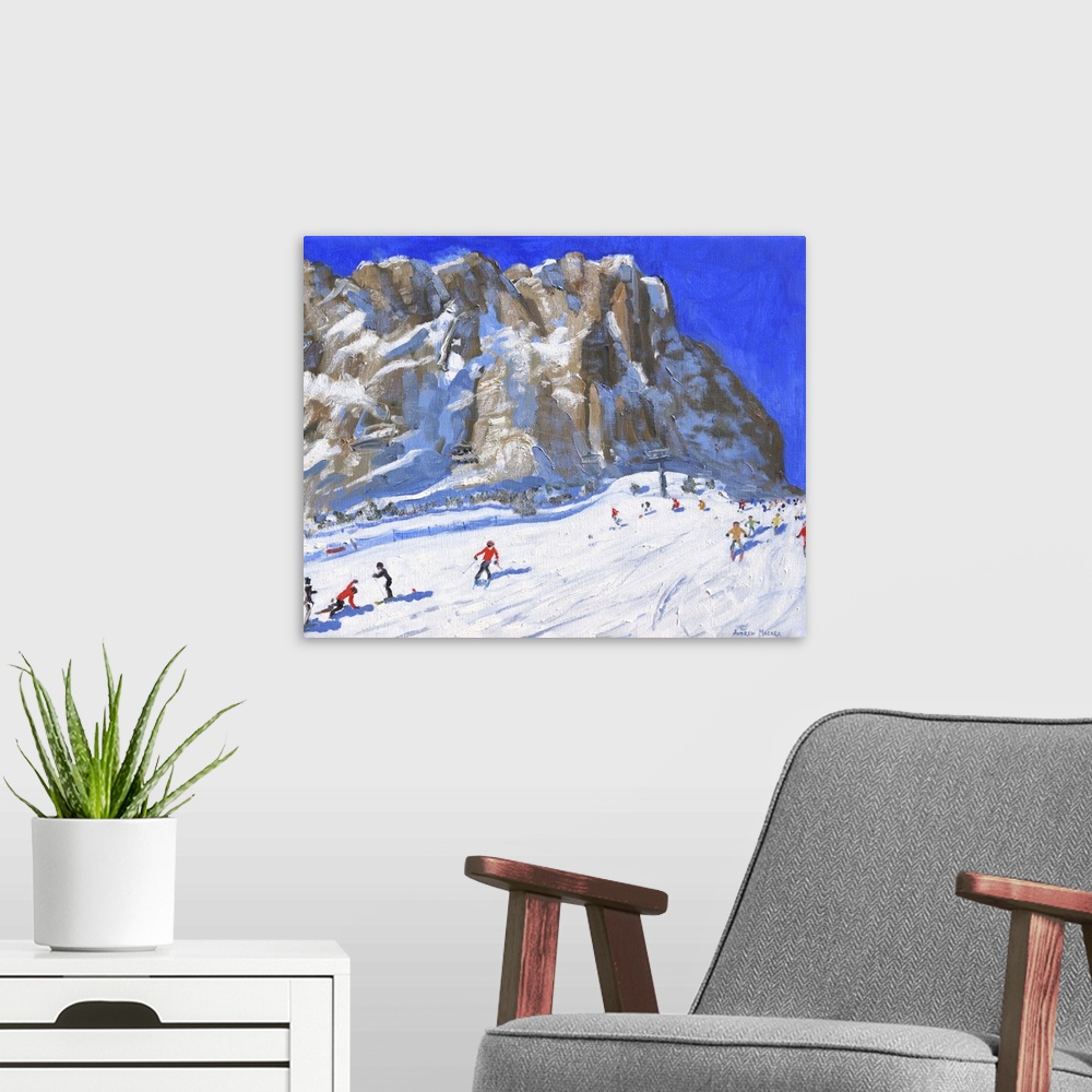 A modern room featuring Skiing down the mountain, Selva Gardena, oil on canvas.