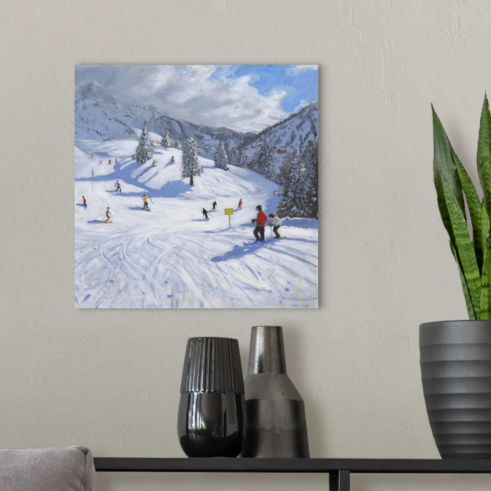 A modern room featuring Contemporary painting of a winter snowscape in the mountains with people skiing.