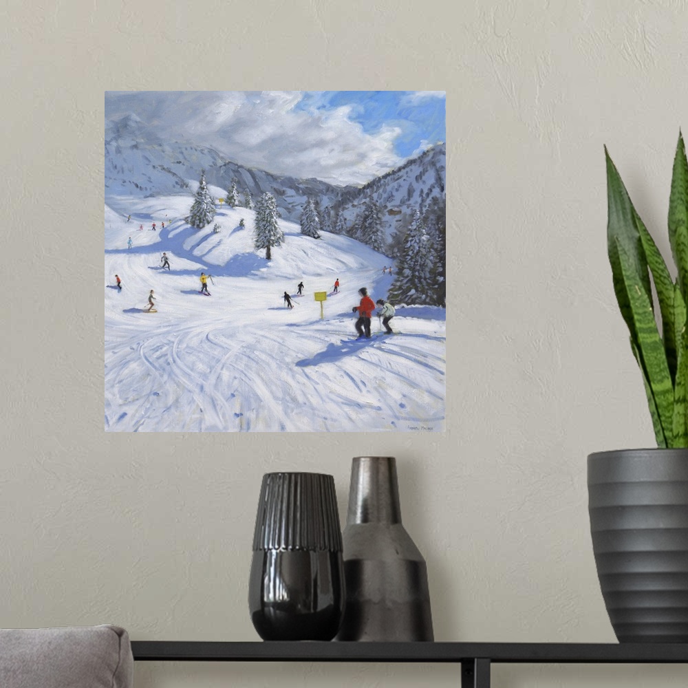 A modern room featuring Contemporary painting of a winter snowscape in the mountains with people skiing.
