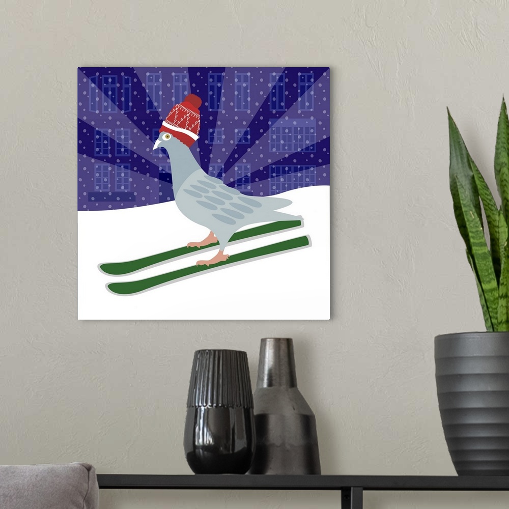 A modern room featuring Skiing Pigeon