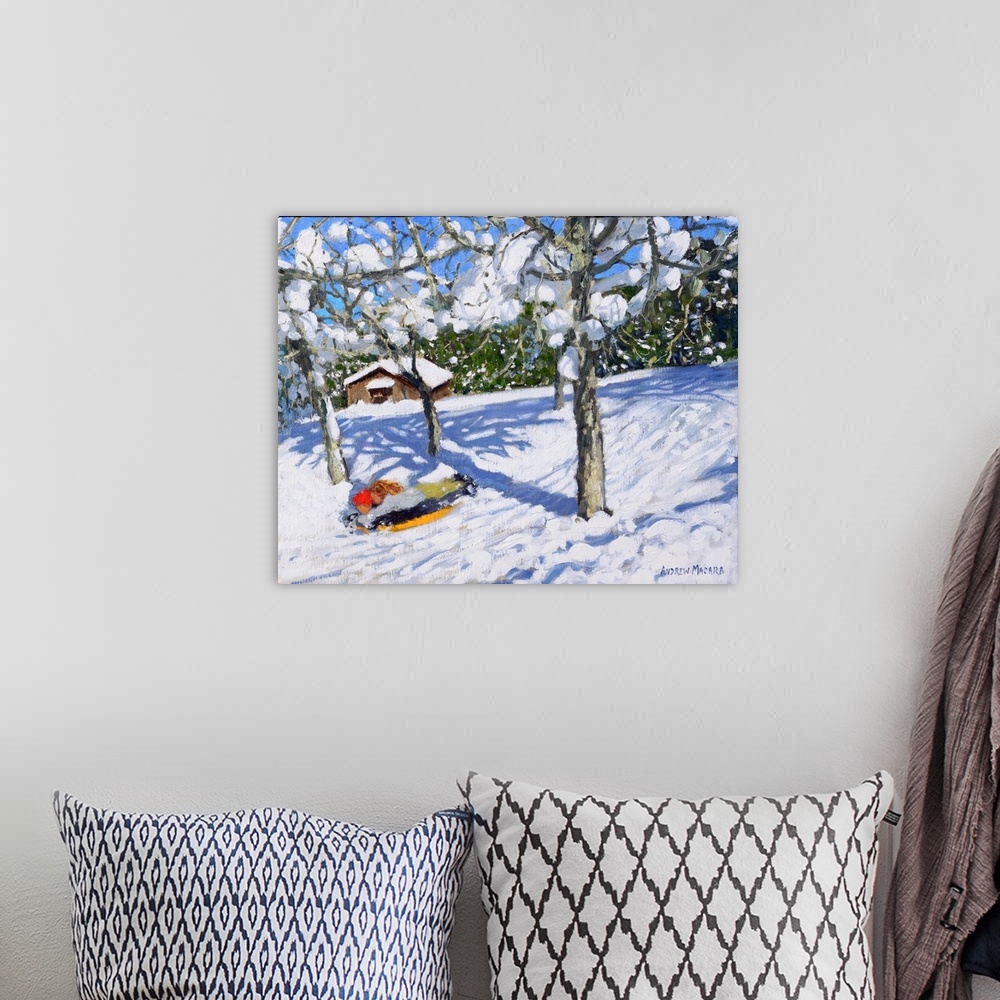 A bohemian room featuring Sledging in the orchard, Morzine, 2018, (originally oil on canvas) by Macara, Andrew