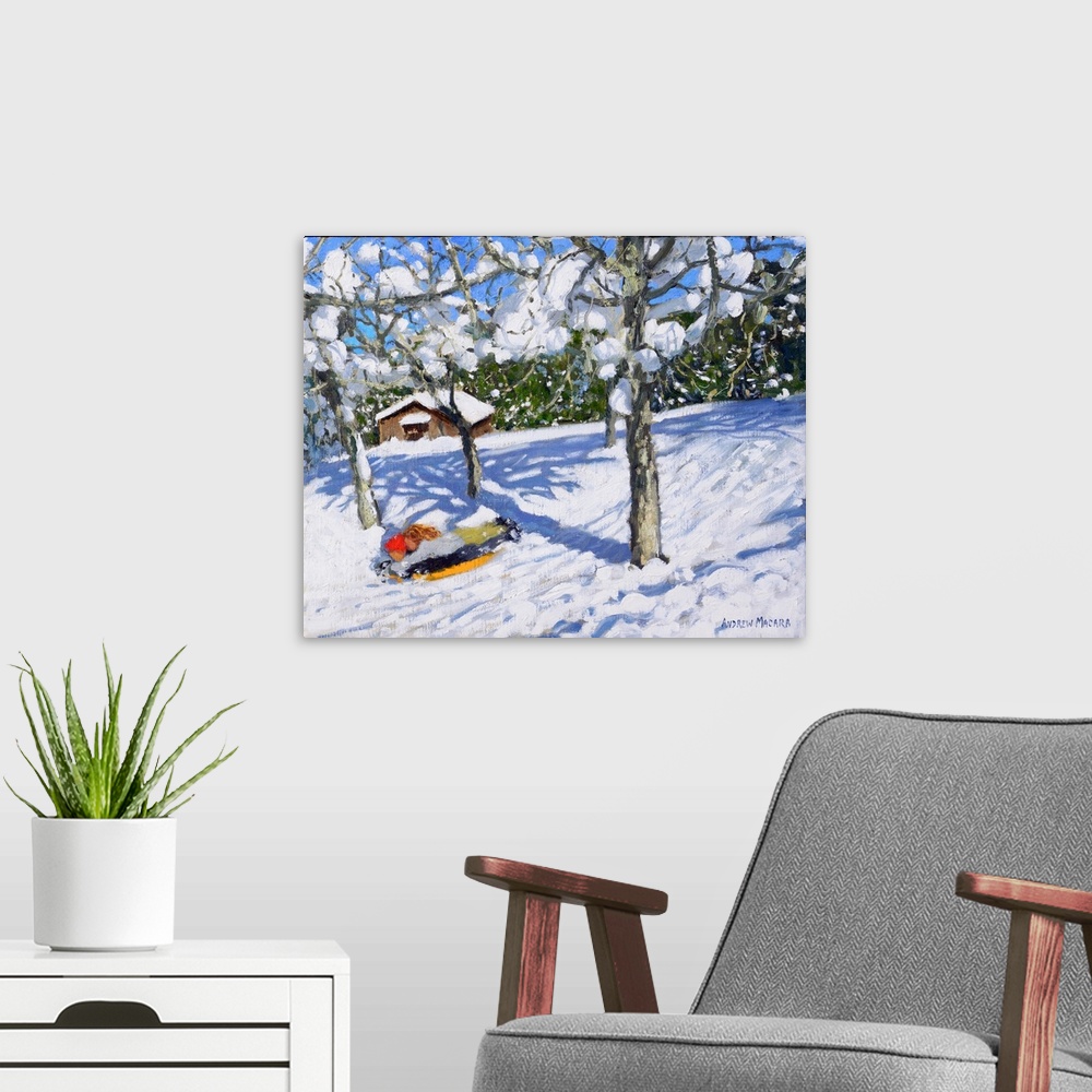 A modern room featuring Sledging in the orchard, Morzine, 2018, (originally oil on canvas) by Macara, Andrew