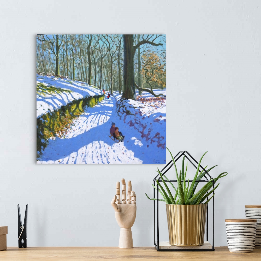 A bohemian room featuring Sledging through the woods, Osmaston Park, Derby, 2018, (originally oil on canvas) by Macara, Andrew