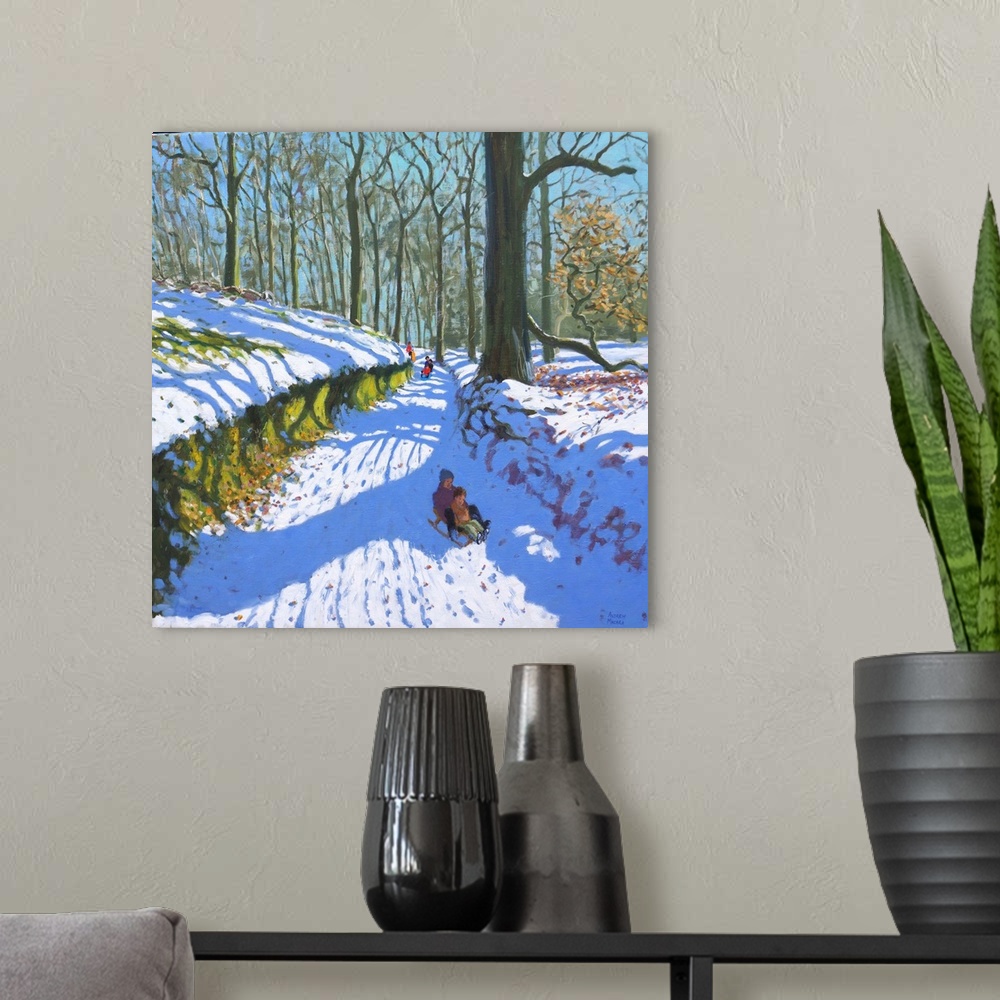 A modern room featuring Sledging through the woods, Osmaston Park, Derby, 2018, (originally oil on canvas) by Macara, Andrew