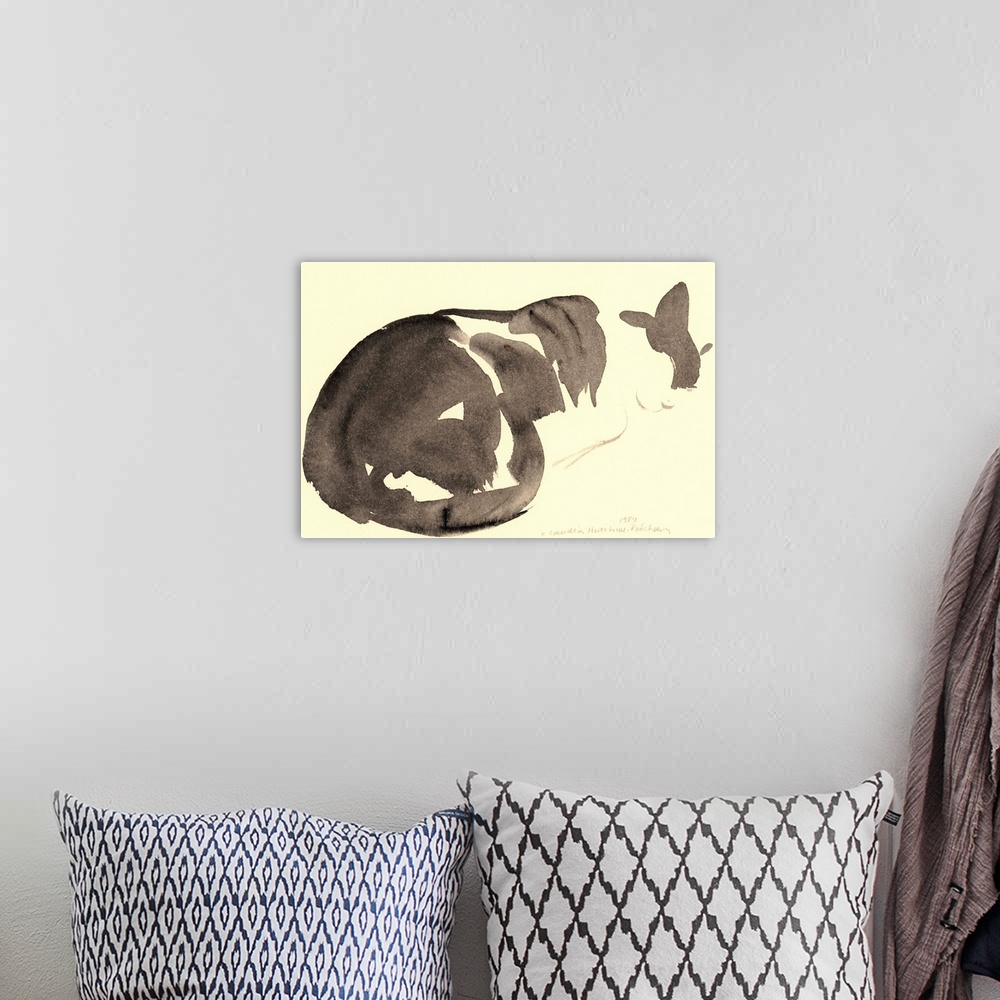 A bohemian room featuring Contemporary watercolor painting of a cat.