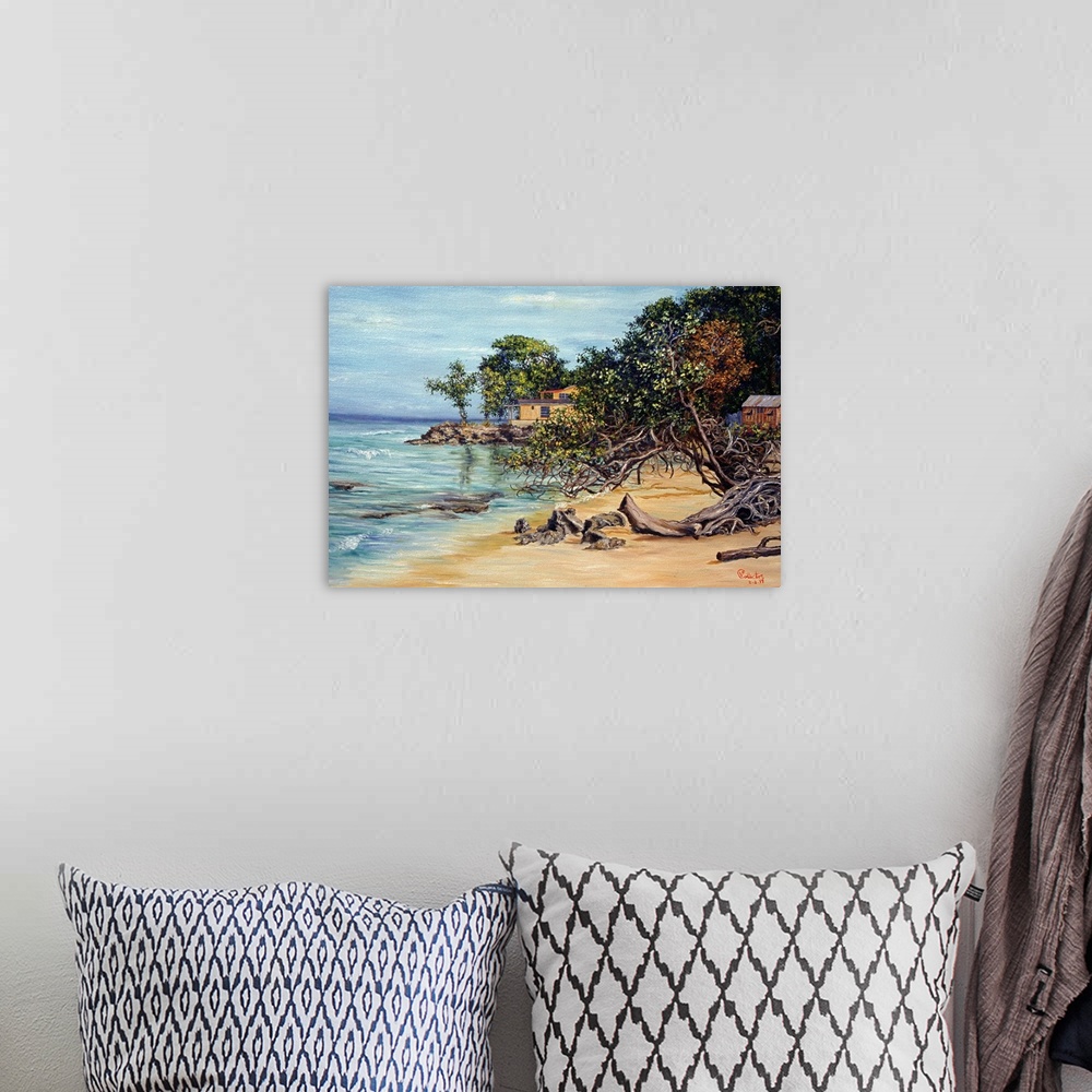 A bohemian room featuring Painting of beach house surrounded by trees at shoreline covered in driftwood.