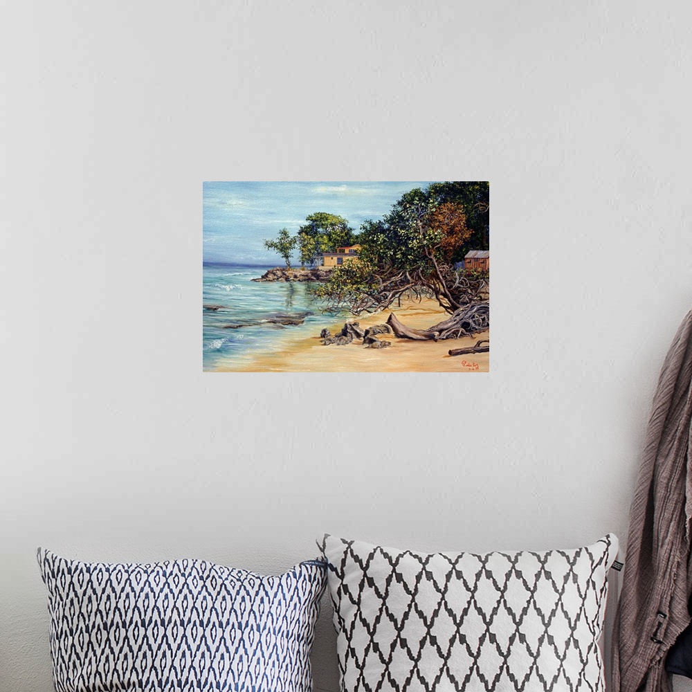 A bohemian room featuring Painting of beach house surrounded by trees at shoreline covered in driftwood.