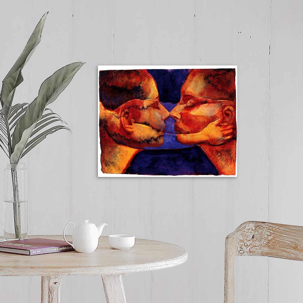 A farmhouse room featuring Contemporary watercolor painting of two deep orange toned faces coming close together to kiss.