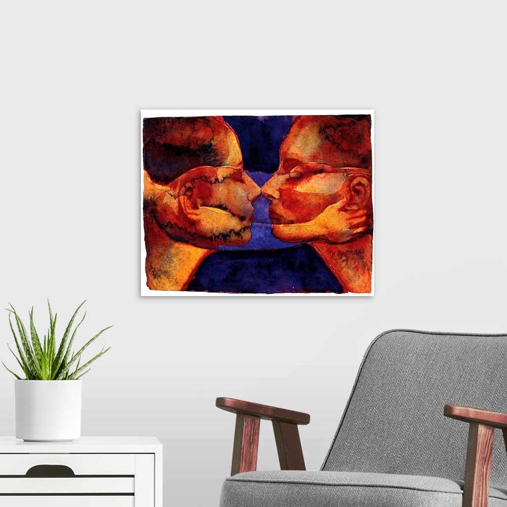 A modern room featuring Contemporary watercolor painting of two deep orange toned faces coming close together to kiss.