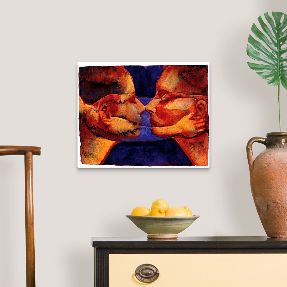 A traditional room featuring Contemporary watercolor painting of two deep orange toned faces coming close together to kiss.