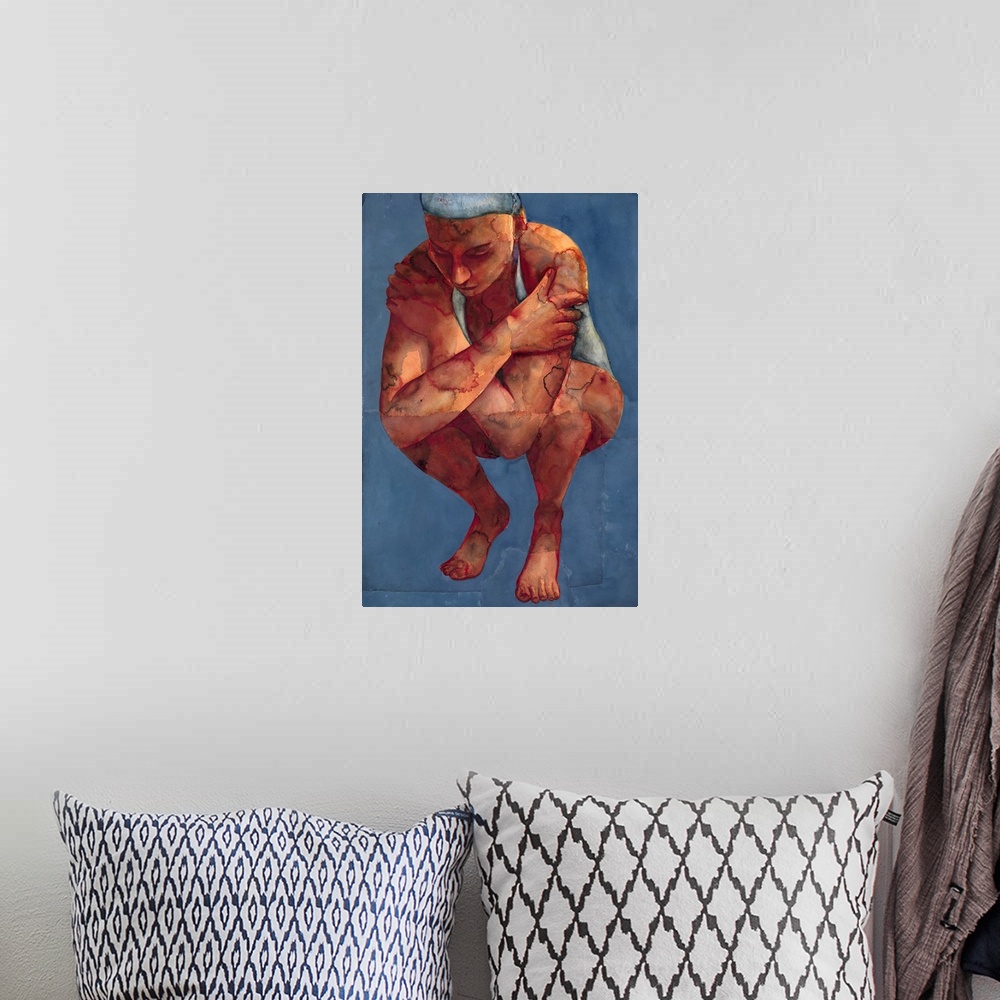 A bohemian room featuring Contemporary figurative art of a crouching swimmer.