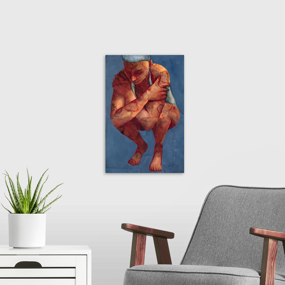 A modern room featuring Contemporary figurative art of a crouching swimmer.