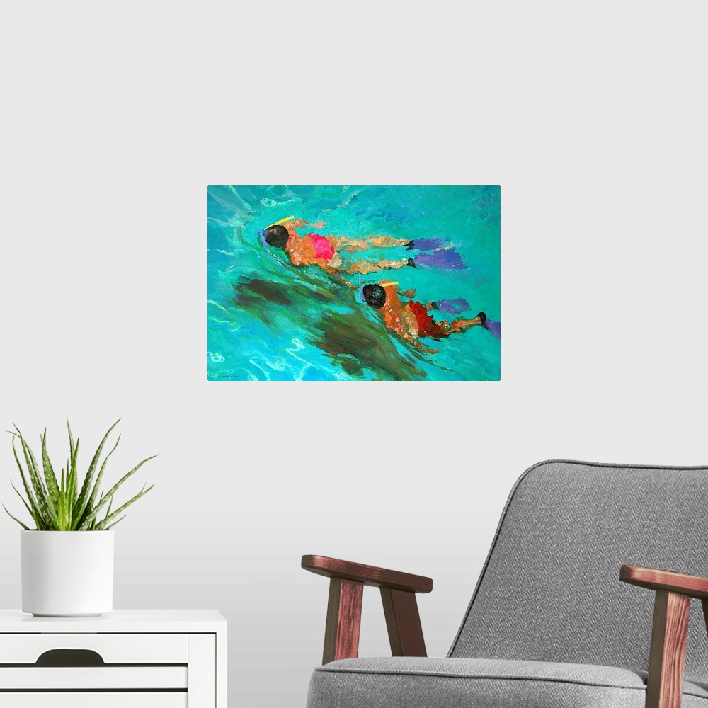 A modern room featuring Huge contemporary art shows a man and woman snorkeling through clear water.  As the two people tr...