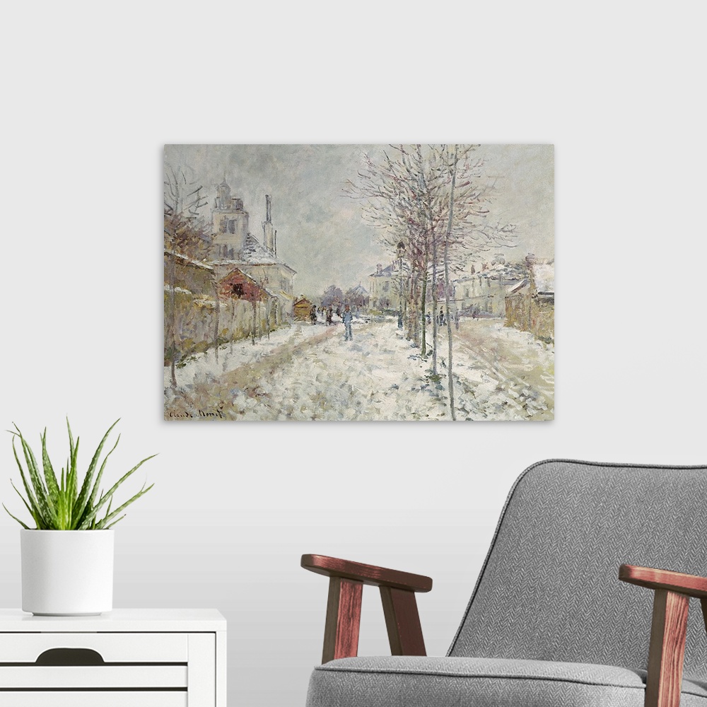 A modern room featuring A classic painting of a town with snow covering the tops of buildings and the ground. Frail trees...
