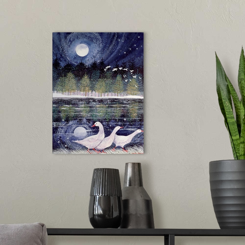A modern room featuring Contemporary painting of three geese at the edge of a lake in the moonlight.