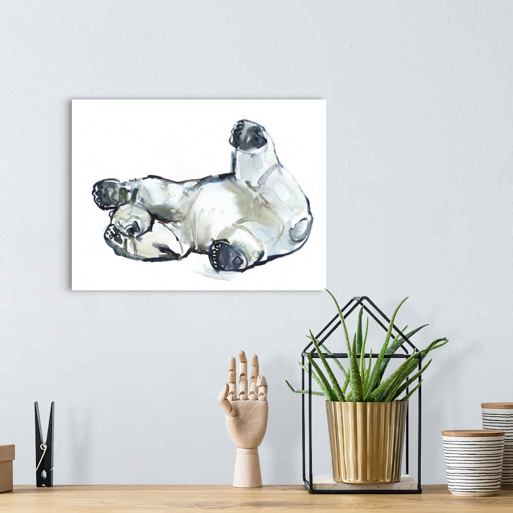 A bohemian room featuring Contemporary artwork of a polar bear against a white background.