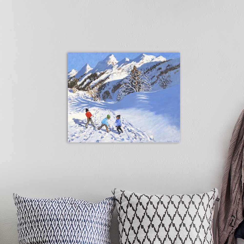 A bohemian room featuring Snowballing, La Clusaz, France, originally oil on canvas.