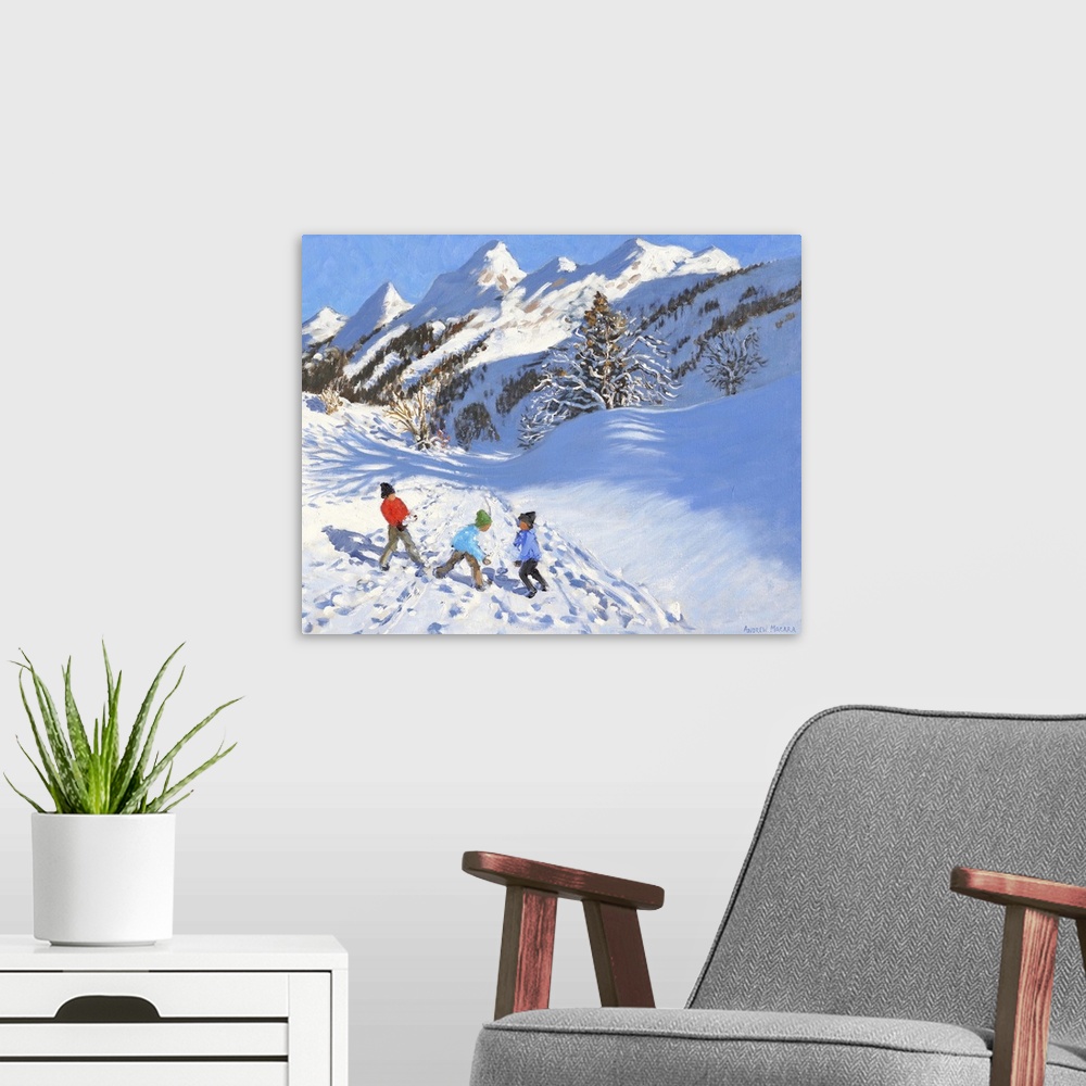 A modern room featuring Snowballing, La Clusaz, France, originally oil on canvas.