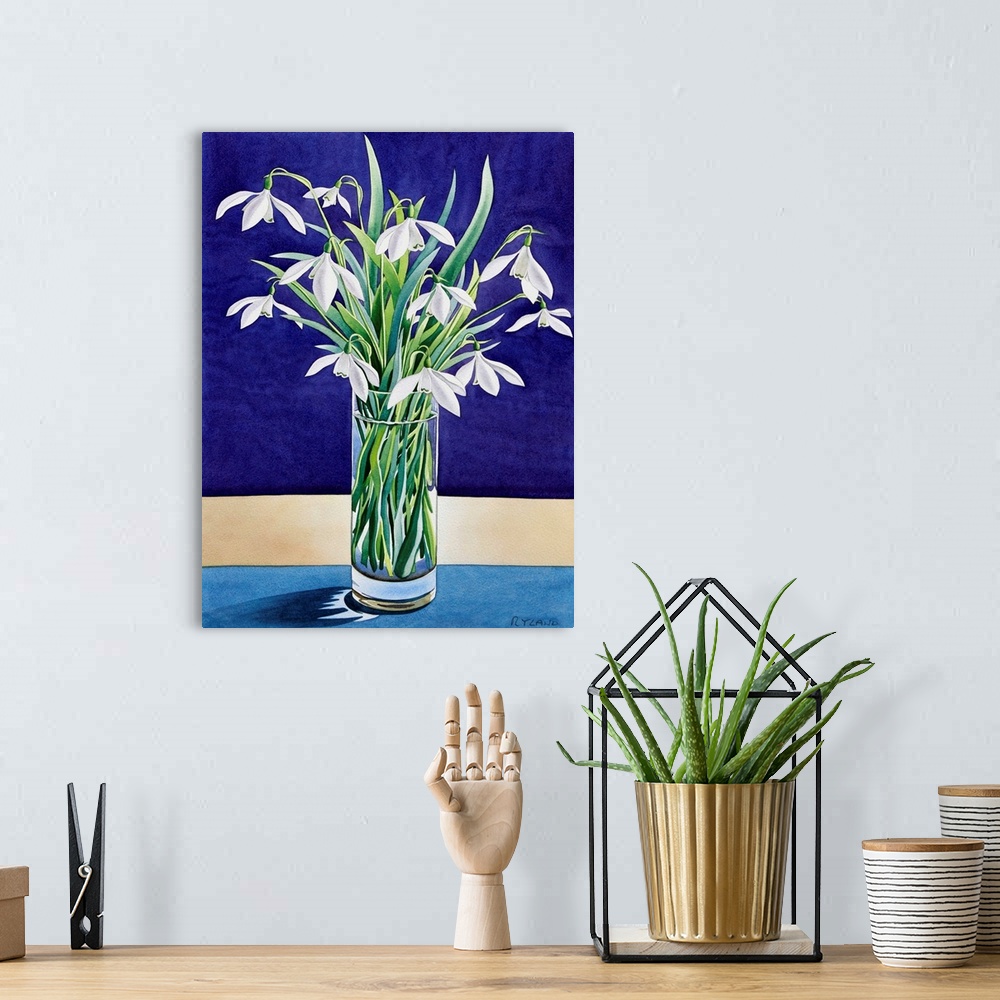 A bohemian room featuring Contemporary still-life painting of flowers in a vase.
