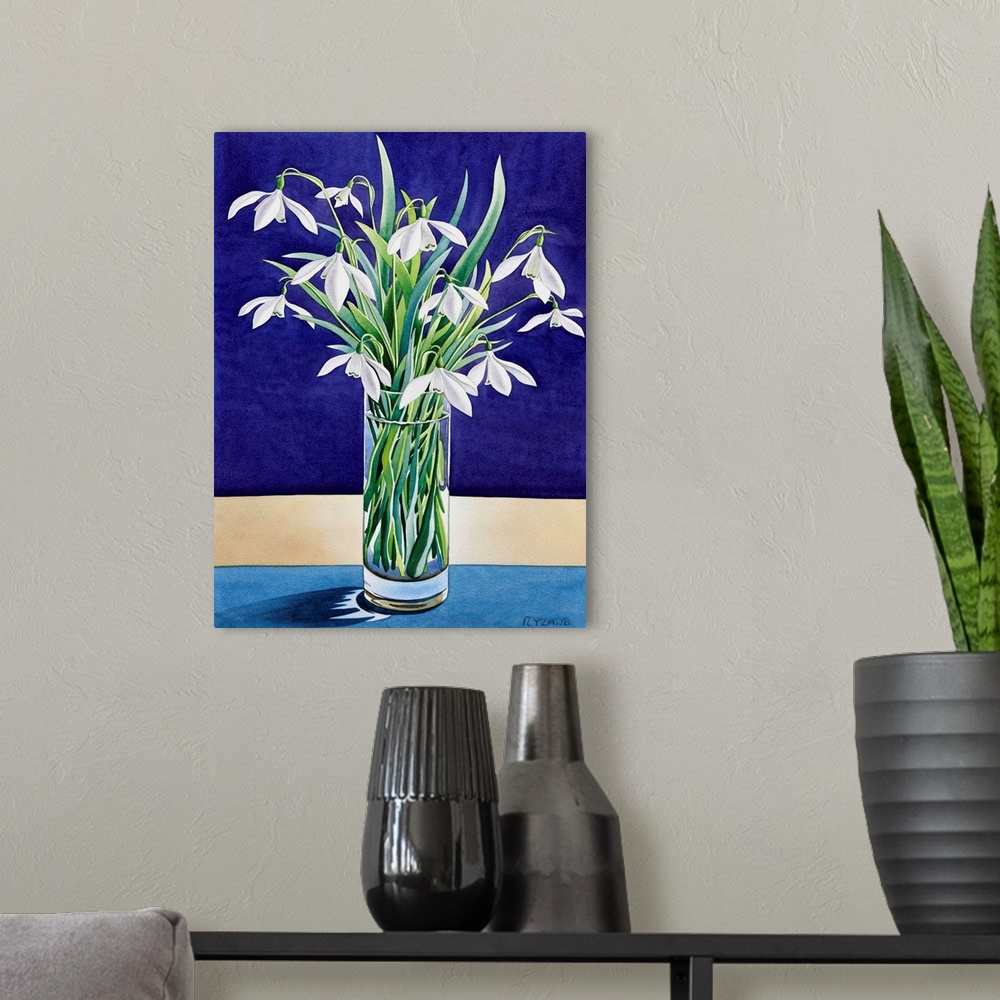 A modern room featuring Contemporary still-life painting of flowers in a vase.