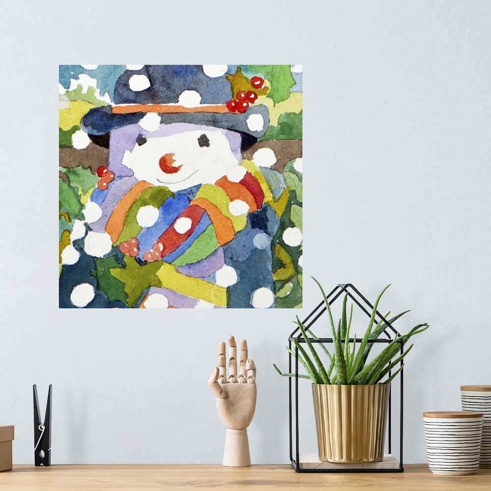 A bohemian room featuring Watercolor painting of a snowman with a smile on his face in the falling snow.