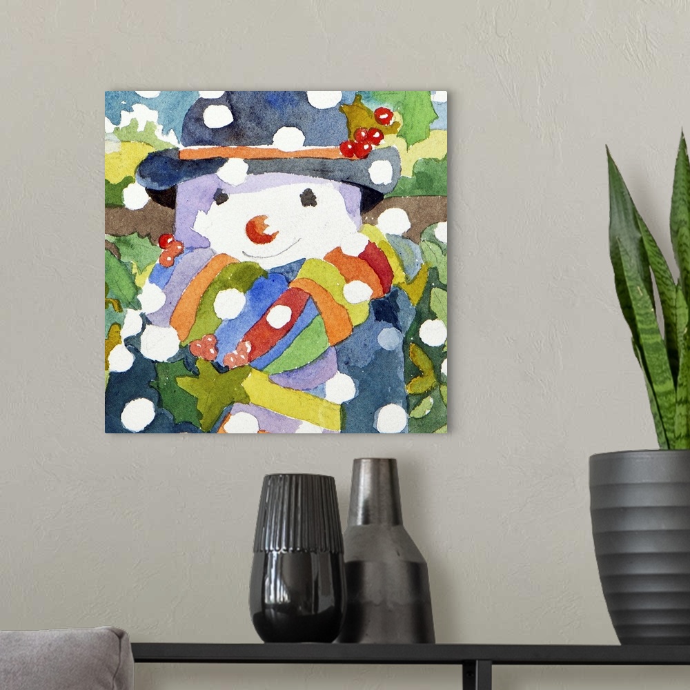 A modern room featuring Watercolor painting of a snowman with a smile on his face in the falling snow.