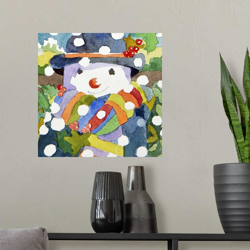 A modern room featuring Watercolor painting of a snowman with a smile on his face in the falling snow.